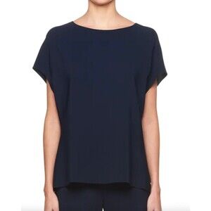 The Row Idie Top Blouse XS Navy Blue Crepe Viscose Blend Short Cap Sleeve Boxy